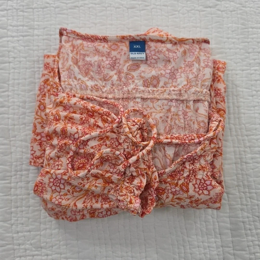 Old‎ Navy Puff Sleeve Tunic Blouse Womens XXL Orange Floral 3/4 Sleeve Bohemian